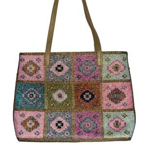 Vintage Beaded Purse Artsy Handbag Art to Wear Barbiecore Pink Multicolor 70s